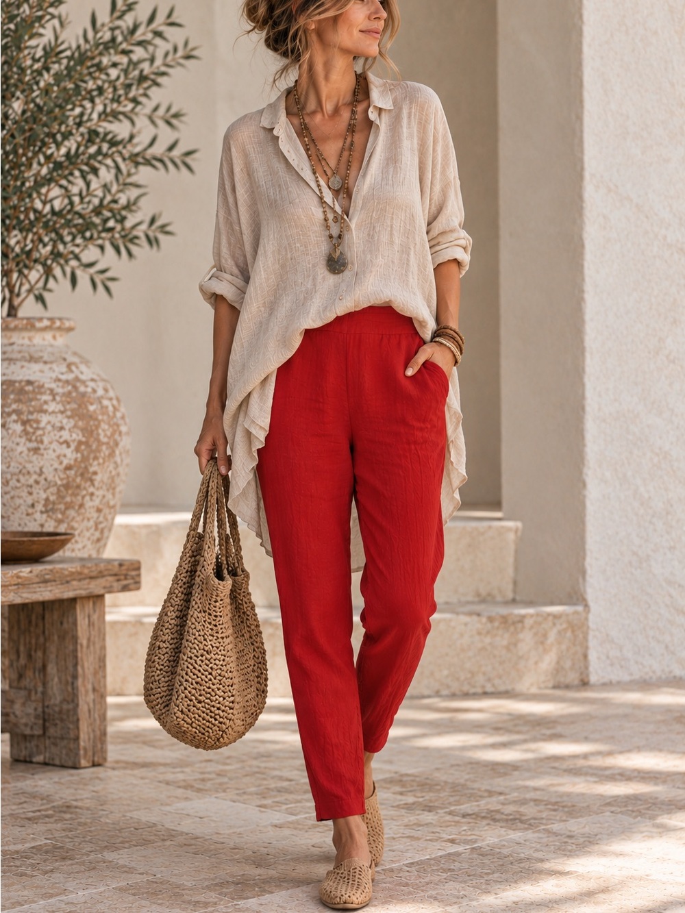 Flax Red Linen Elastic Waist Pull On Tapered Pants Sz Small Lagenlook Boho